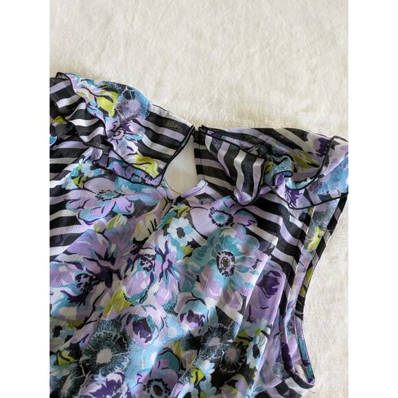 IZ Byer Blouse Junior Large‎ Y2K Floral Stripes Sheer Sleeveless Ruffle Feminine - Picture 6 of 7